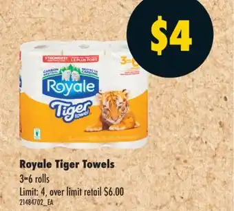 No Frills ROYALE TIGER TOWELS, 3 = 6 ROLLS offer