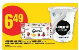 No Frills LIBERTÉ GREEK 650/750 g or YOPLAIT 16' s or YOP NO SUGAR ADDED 8's YOGURT offer