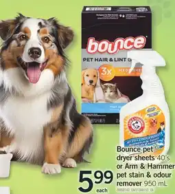 Fortinos BOUNCE PET DRYER SHEETS 40'S OR ARM & HAMMER PET STAIN & ODOUR REMOVER 952 ML offer