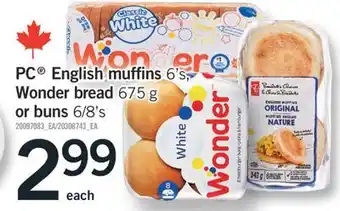 Fortinos PC ENGLISH MUFFINS 6' S, WONDER BREAD, 675G OR BUNS 6/8' S offer