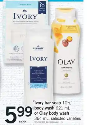 Fortinos IVORY BAR SOAP 10'S, BODY WASH 621 ML OR OLAY BODY WASH 364 ML offer