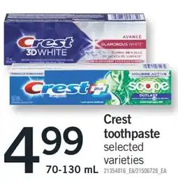 Fortinos CREST TOOTHPASTE, 70-130 ML offer