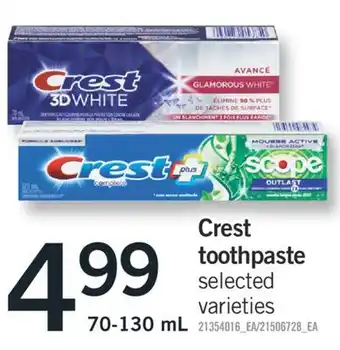 Fortinos CREST TOOTHPASTE, 70-130 ML offer