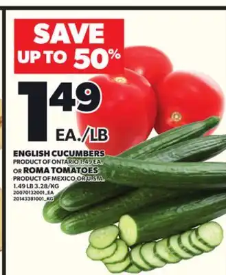 Loblaws ENGLISH CUCUMBERS OR ROMA TOMATOES offer