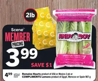 Foodland Romaine Hearts of 3 pk or COMPLIMENTS Lemons product of Egypt, Morocco or Spain 907 offer