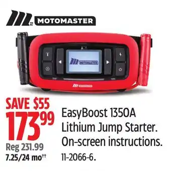 Canadian Tire MotoMaster EasyBoost 1350A Lithium Jump Starter. On-screen instructions offer