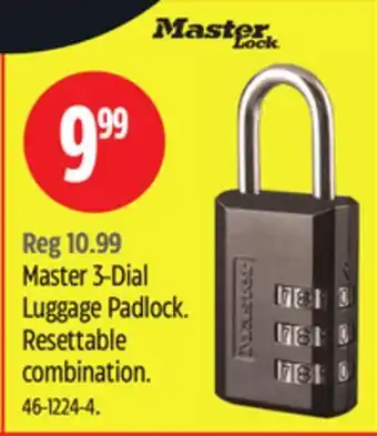 Canadian Tire Master 3-Dial Luggage Padlock offer