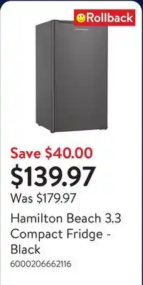 Walmart Hamilton Beach 3.3 Compact Fridge - Black offer