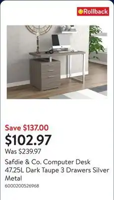 Walmart Safdie & Co. Computer Desk 47.25L Dark Taupe 3 Drawers Silver Metal offer