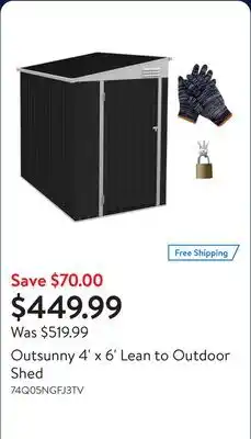 Walmart Outsunny 4' x 6' Lean to Outdoor Shed offer