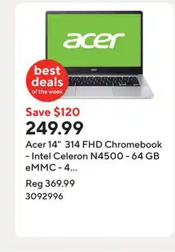 Staples Acer 14 314 FHD Chromebook - Intel Celeron N4500 - 64 GB eMMC - 4 GB RAM - Chrome OS - Pure Silver offer