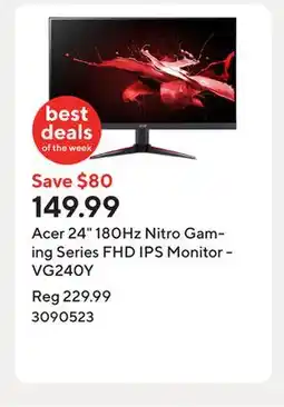 Staples Acer 24 180Hz Nitro Gaming Series FHD IPS Monitor - VG240Y offer