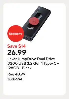 Staples Lexar JumpDrive Dual Drive D300 USB 3.2 Gen 1 Type-C - 128GB - Black offer