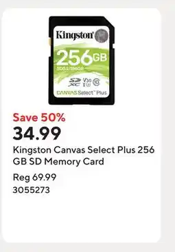 Staples Kingston Canvas Select Plus 256 GB SD Memory Card offer