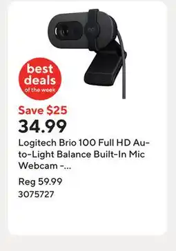 Staples Logitech Brio 100 Full HD Auto-Light Balance Built-In Mic Webcam - Graphite offer