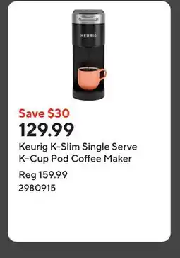 Staples Keurig K-Slim Single Serve K-Cup Pod Coffee Maker offer