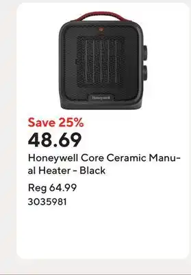 Staples Honeywell Core Ceramic Manual Heater - Black offer