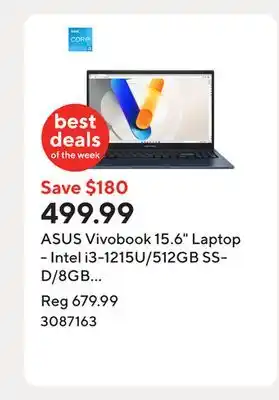 Staples ASUS Vivobook 15.6 Laptop - Intel i3-1215U/512GB SSD/8GB RAM/Windows 11 Home offer