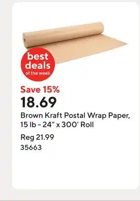 Staples Brown Kraft Postal Wrap Paper, 15 lb - 24 x 300' Roll offer