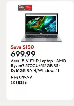 Staples Acer 15.6 FHD Laptop - AMD Ryzen7 5700U/512GB SSD/16GB RAM/Windows 11 offer