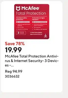 Staples McAfee Total Protection Antivirus & Internet Security- 3 Devices - 1 Year Subscription offer