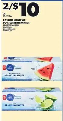 Loblaws PC BLUE MENU OR PC SPARKLING WATER, 12X355 ML offer