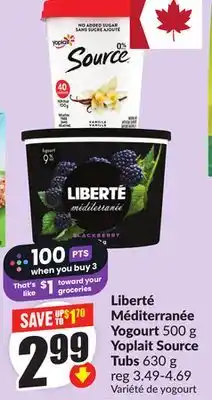 FreshCo Liberté Méditerranée Yogourt 500 g Yoplait Source Tubs 630 g offer