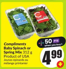 FreshCo Compliments Baby Spinach or Spring Mix 312 g Product of USA offer