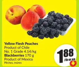 FreshCo Yellow Flesh Peaches Product of Chile No. 1 Grade 4.14/kg Blackberries 170 g Product of Mexico offer