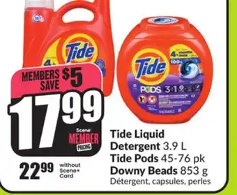 FreshCo Tide Liquid Detergent 3.9 L Tide Pods 45-76 pk Downy Beads 853 g offer