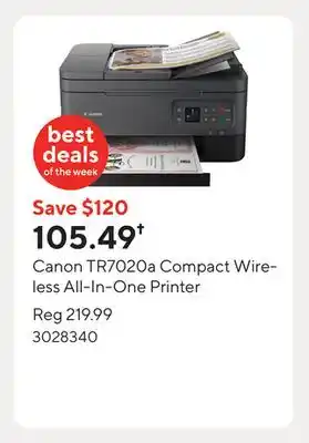 Staples Canon TR7020a Compact Wireless All-In-One Printer offer