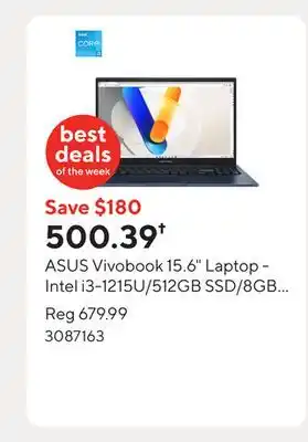 Staples ASUS Vivobook 15.6 Laptop - Intel i3-1215U/512GB SSD/8GB RAM/Windows 11 Home offer