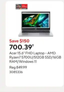 Staples Acer 15.6 FHD Laptop - AMD Ryzen7 5700U/512GB SSD/16GB RAM/Windows 11 offer