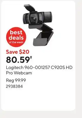 Staples Logitech 960-001257 C920S HD Pro Webcam offer