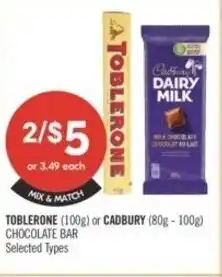 Shoppers Drug Mart Toblerone or cadbury chocolate bar offer