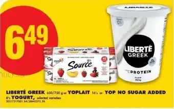 No Frills Liberté greek or yoplait or yop no sugar added yogurt offer