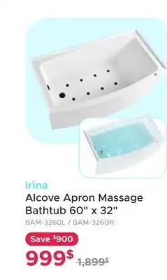 Bath Depot Irina Alcove Apron Massage Bathtub 60 x 32 offer