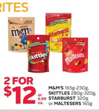 Rexall M&M'S 165g-230g, SKITTLES 280g-320g, STARBURST 320g or MALTESERS 165g offer