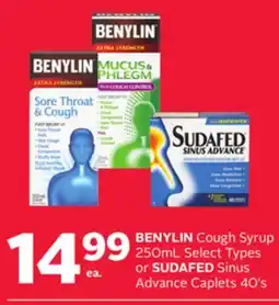 Rexall BENYLIN Cough Syrup 250mL Select Types or SUDAFED Sinus Advance Caplets 40's offer