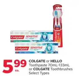 Rexall COLGATE or HELLO Toothpaste 70mL-133mL or COLGATE Toothbrushes offer