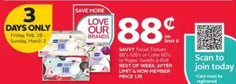 Rexall SAVVY Facial Tissues 88' s-126' s or Cube 60' s or Paper Towels 2-Roll offer