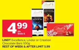 Rexall LINDT Excellence, Lindor or Creation Chocolate Bars 100g offer