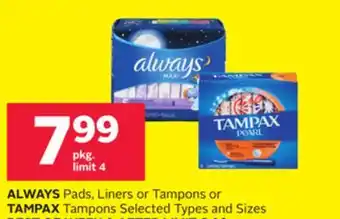 Rexall ALWAYS Pads, Liners or Tampons or TAMPAX Tampons offer