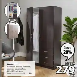 JYSK RAUMA Wardrobe, 2 doors, 3 drawers, san remo oak or coffee offer