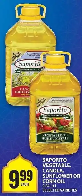 Food Basics Saporito vegetable, canola, sunflower or corn oil offer