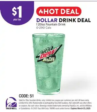 Taco Bell Mtn Dew Fountain Drink offer