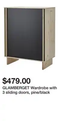 IKEA GLAMBERGET Wardrobe with 3 sliding doors, pine/black offer