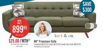 The Brick Kort & Co. Freeman 88 Linen-Look Fabric Sofa with Wood Base and Tufted Back Cushions - Avocado Green offer