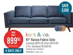 The Brick Kort & Co. Kassia 90.6 Linen-Look Fabric Sofa with Wood Base and Legs - Blue offer