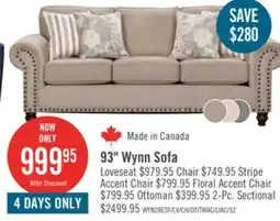 The Brick Made in Canada Wynn 93 Chenille Fabric Sofa with Nailhead Trim and Wood Bun Legs - Taupe offer